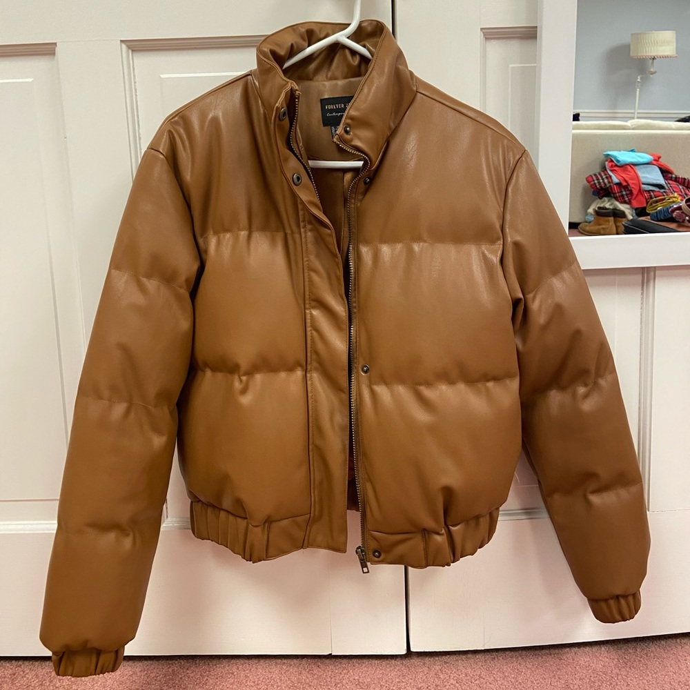 Brown Faux Leather Puffer Jacket